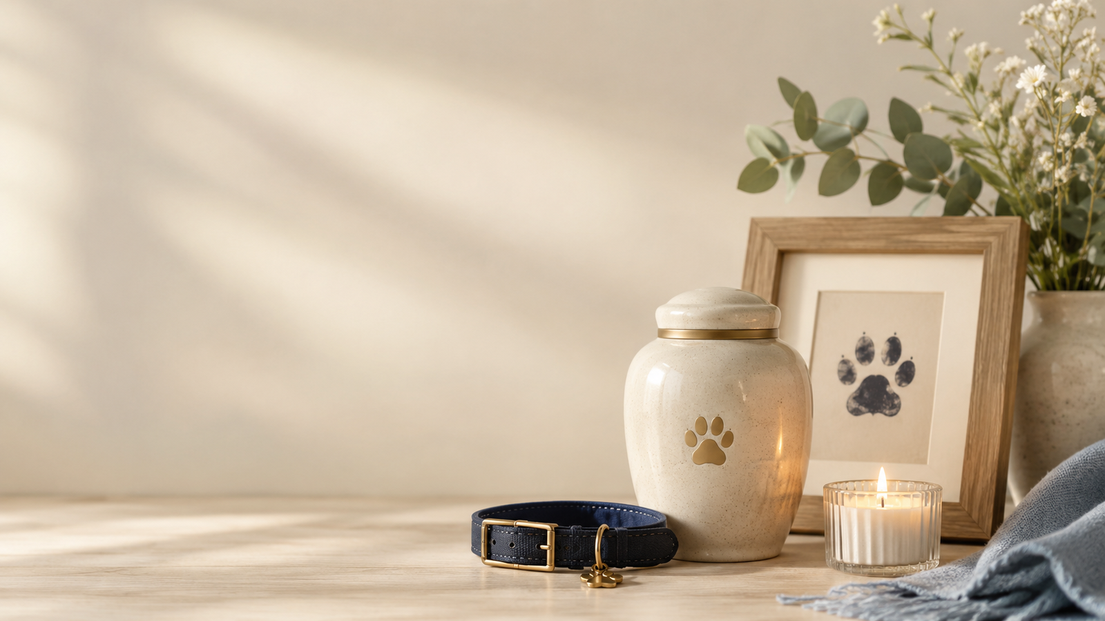 Pet cremation memorial scene with a ceramic urn, pet collar, lit candle, and paw-print photo frame on a sunlit shelf